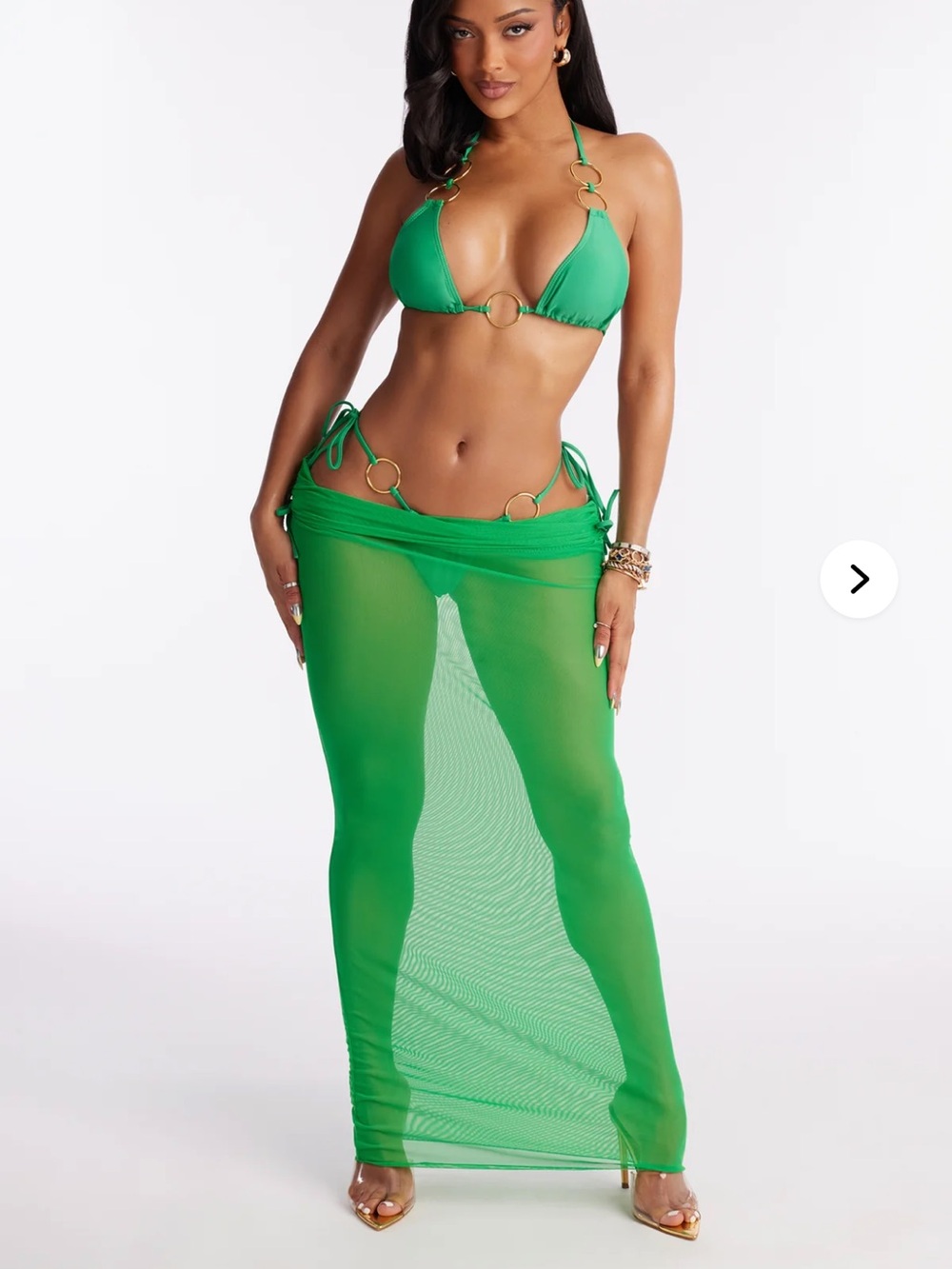 1X 3 pcGreen Ring-Detail Bikini Set Mesh Coverup nwt